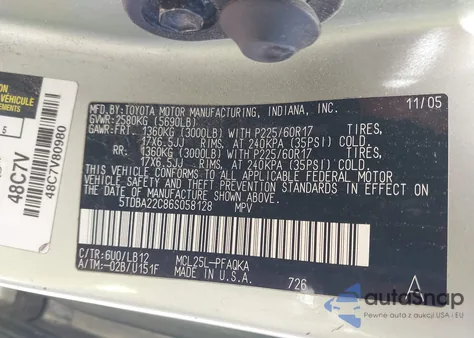 2006 Toyota Sienna Xle Limited из США, поврежденный, VIN 5TDBA22C86S058128